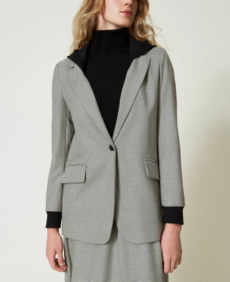 Giacca blazer in pied de poule con cappuccio