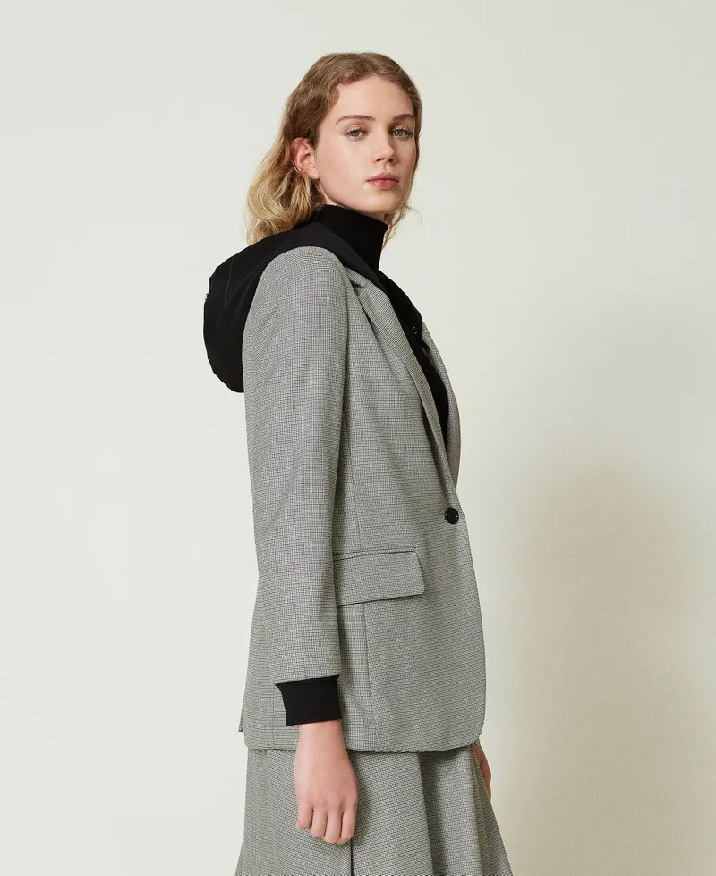 Giacca blazer in pied de poule con cappuccio