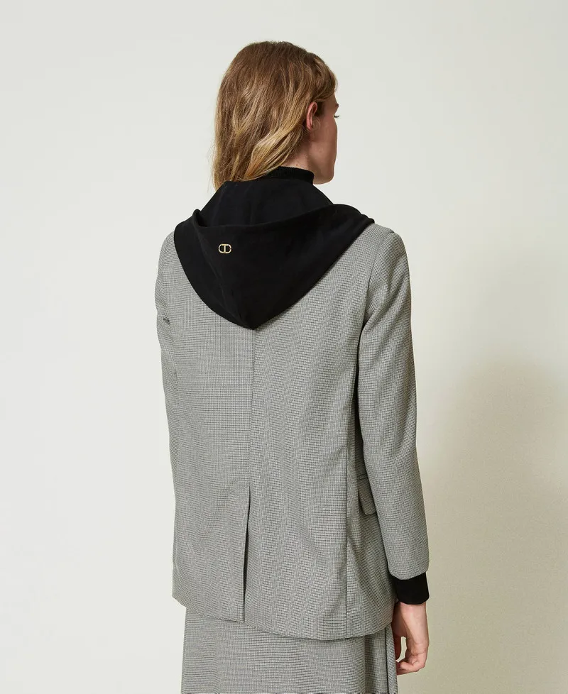 Giacca blazer in pied de poule con cappuccio