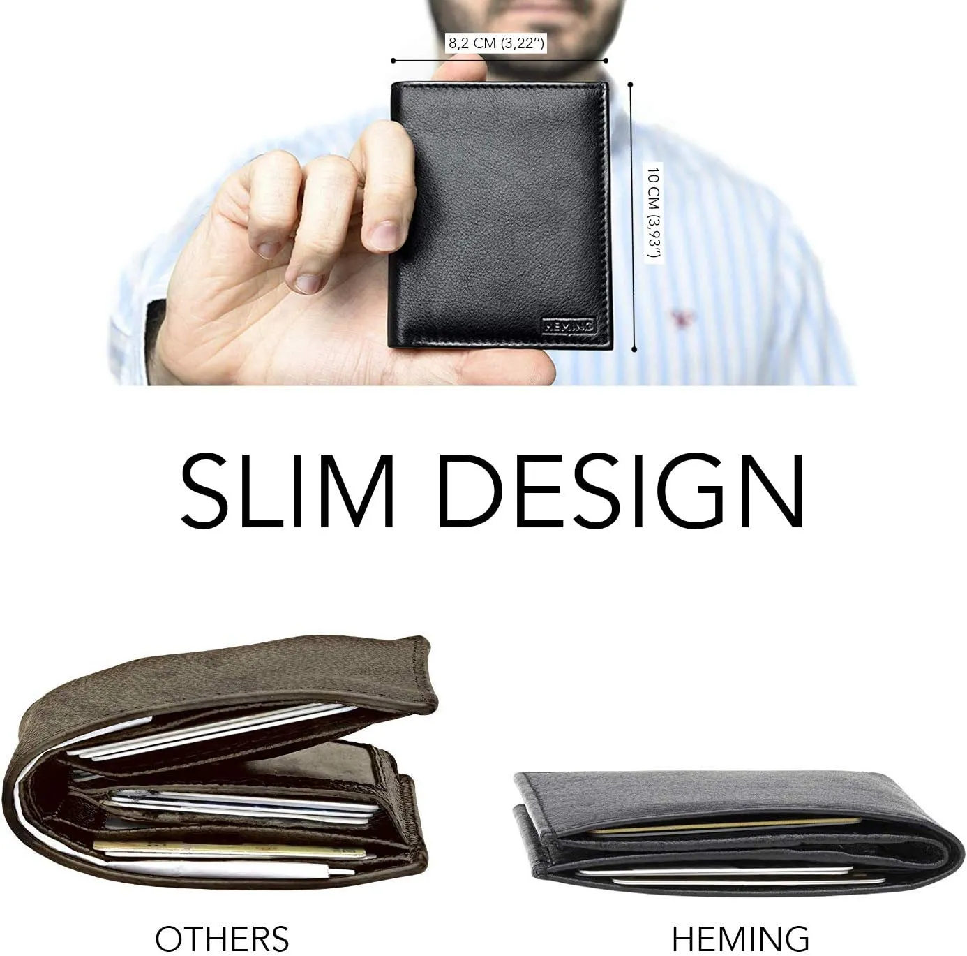 HEMING Portafoglio uomo slim nero - 100% pelle - Portafoglio uomo piccolo sottile - Portafoglio porta carte di credito - Porta s