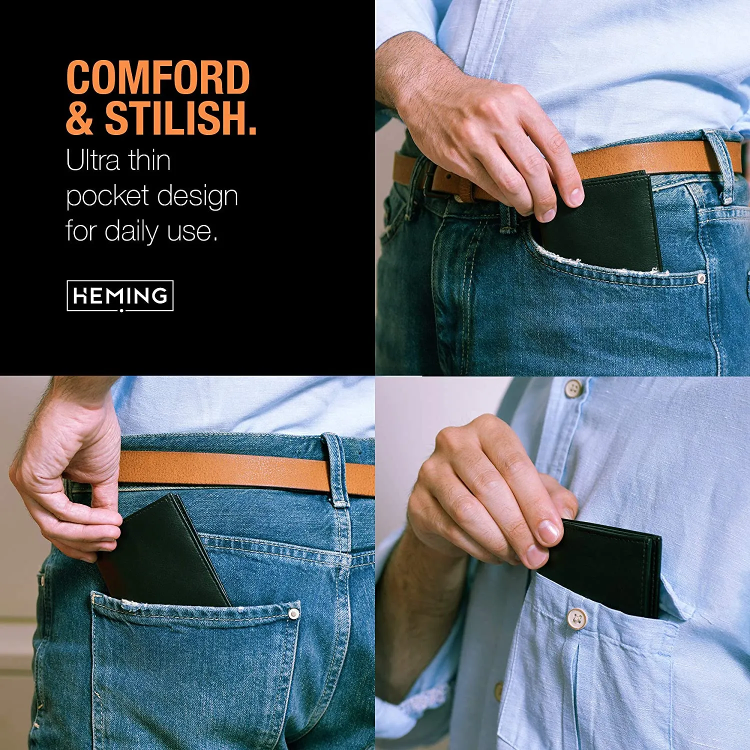 HEMING Portafoglio uomo slim nero - 100% pelle - Portafoglio uomo piccolo sottile - Portafoglio porta carte di credito - Porta s