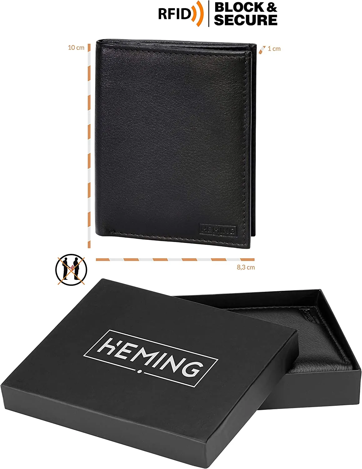 HEMING Portafoglio uomo slim nero - 100% pelle - Portafoglio uomo piccolo sottile - Portafoglio porta carte di credito - Porta s