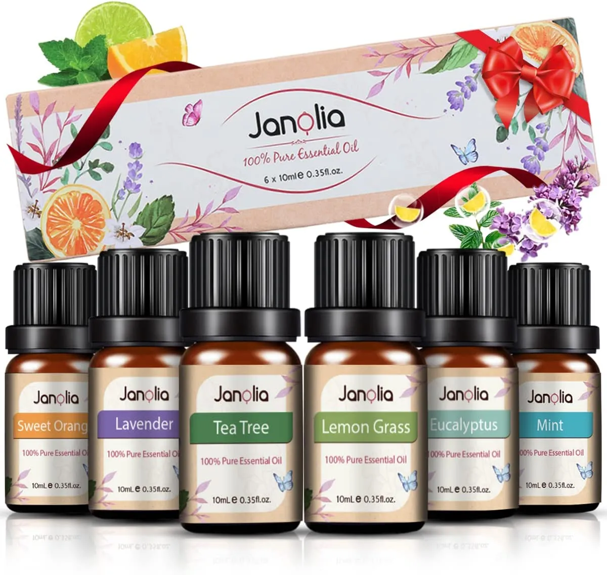 Janolia 6 x 10ml Oli Essenziali, Regalo di Piante Naturali Oli Essenziale per Diffusori,Set di oli essenziali contiene Lavanda, 