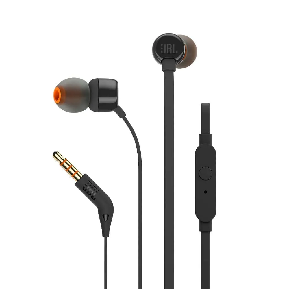 JBL T110 Cuffie In Ear con Microfono, Cavo Piatto Antigroviglio, Comando a un pulsante, JBL Pure Bass Sound, Nero