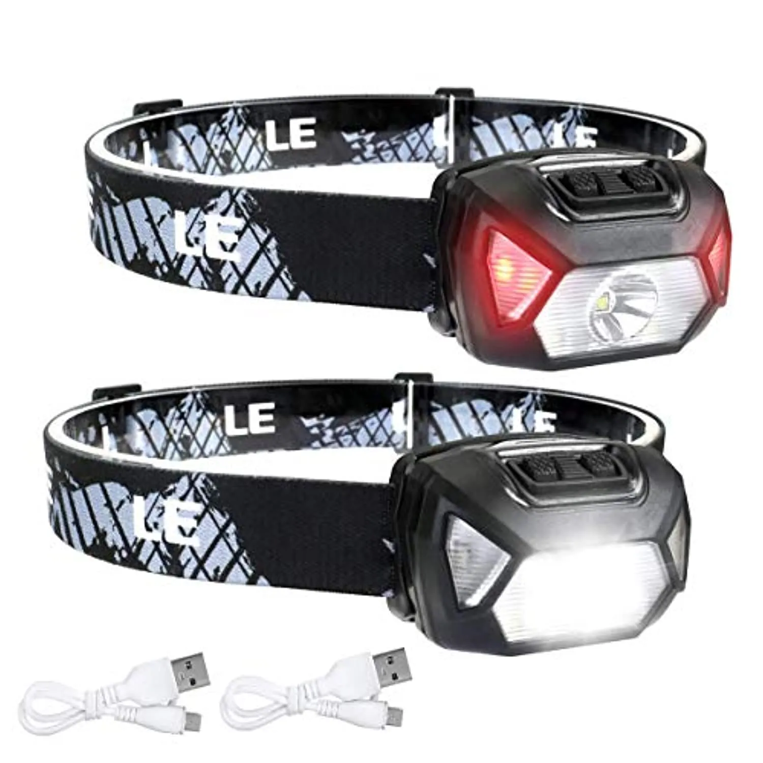 LE Torcia Led Frontale D500 (2 Pezzi), Lampada da Testa USB Ricaricabile Torcia LED, 6 Modalità di Luce, IPX6 Impermeabile, per 