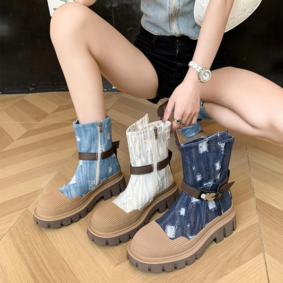 Luxury Brand New Winter Stivali da moto Scarpe da donna Stivali Chelsea in denim 2023 Moda Tacchi medi Décolleté da gladiatore L