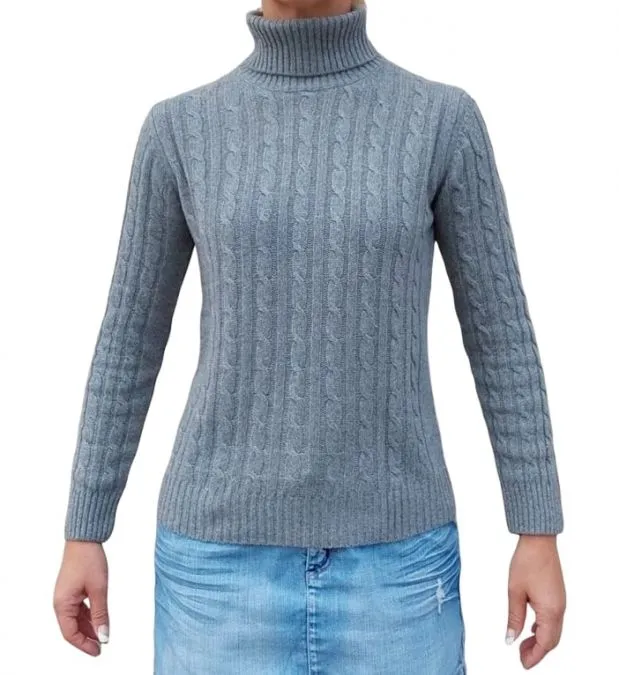 Maglia donna a trecce collo alto in cashmere rigenerato