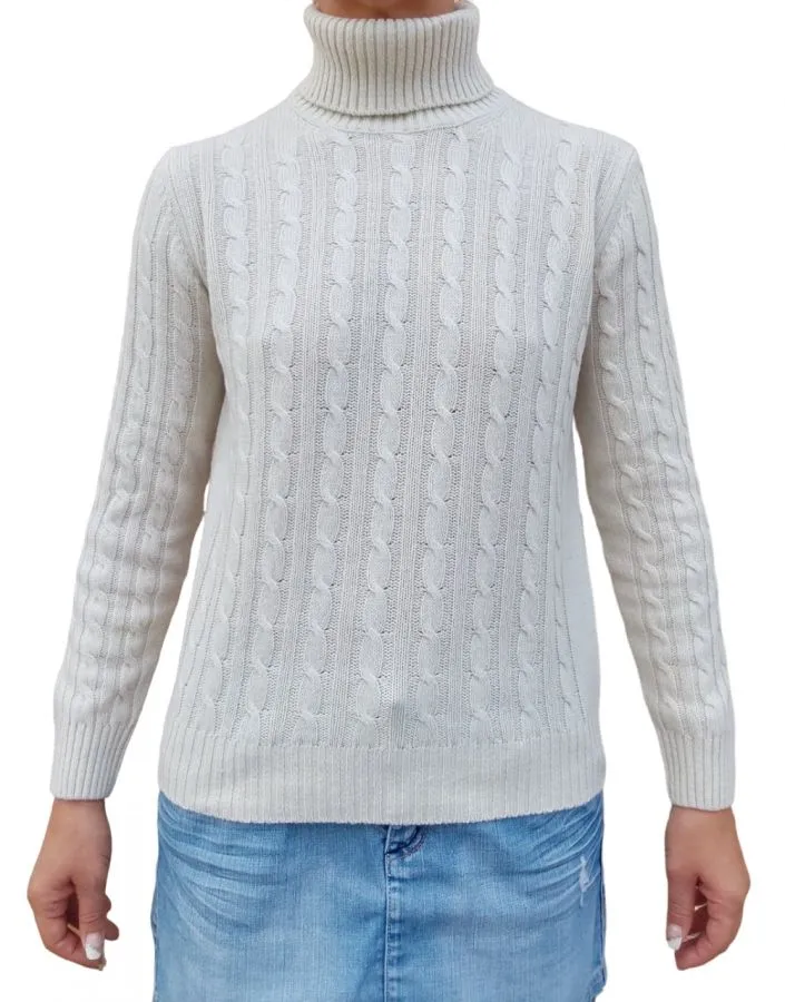 Maglia donna a trecce collo alto in cashmere rigenerato