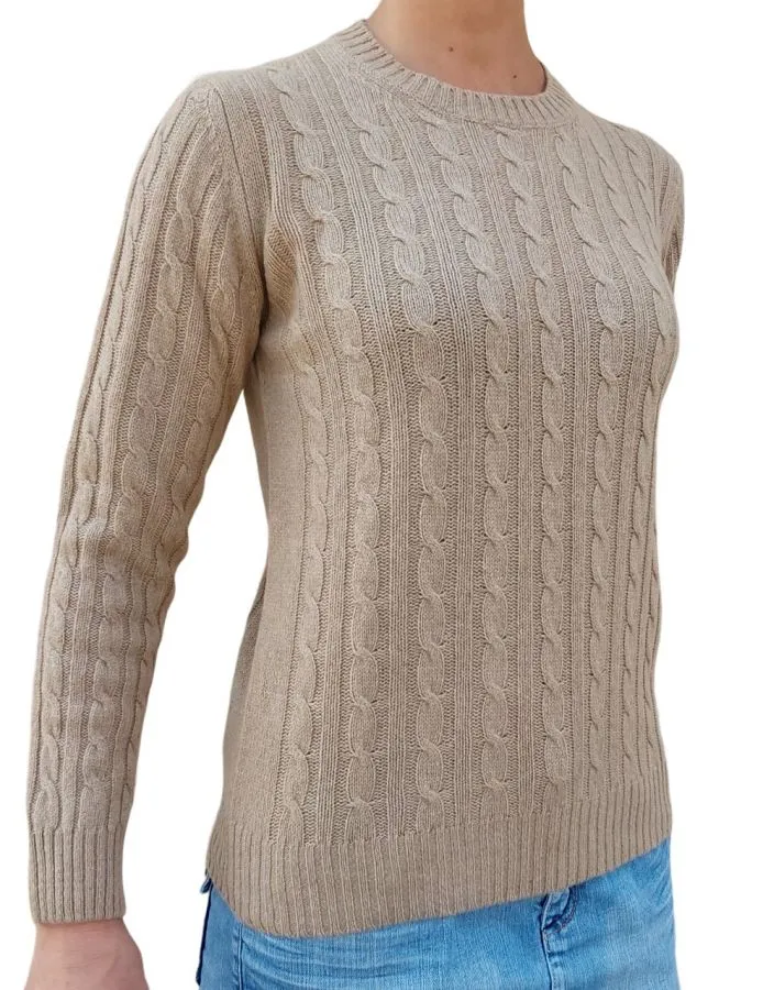 Maglia donna a trecce girocollo in cashmere rigenerato