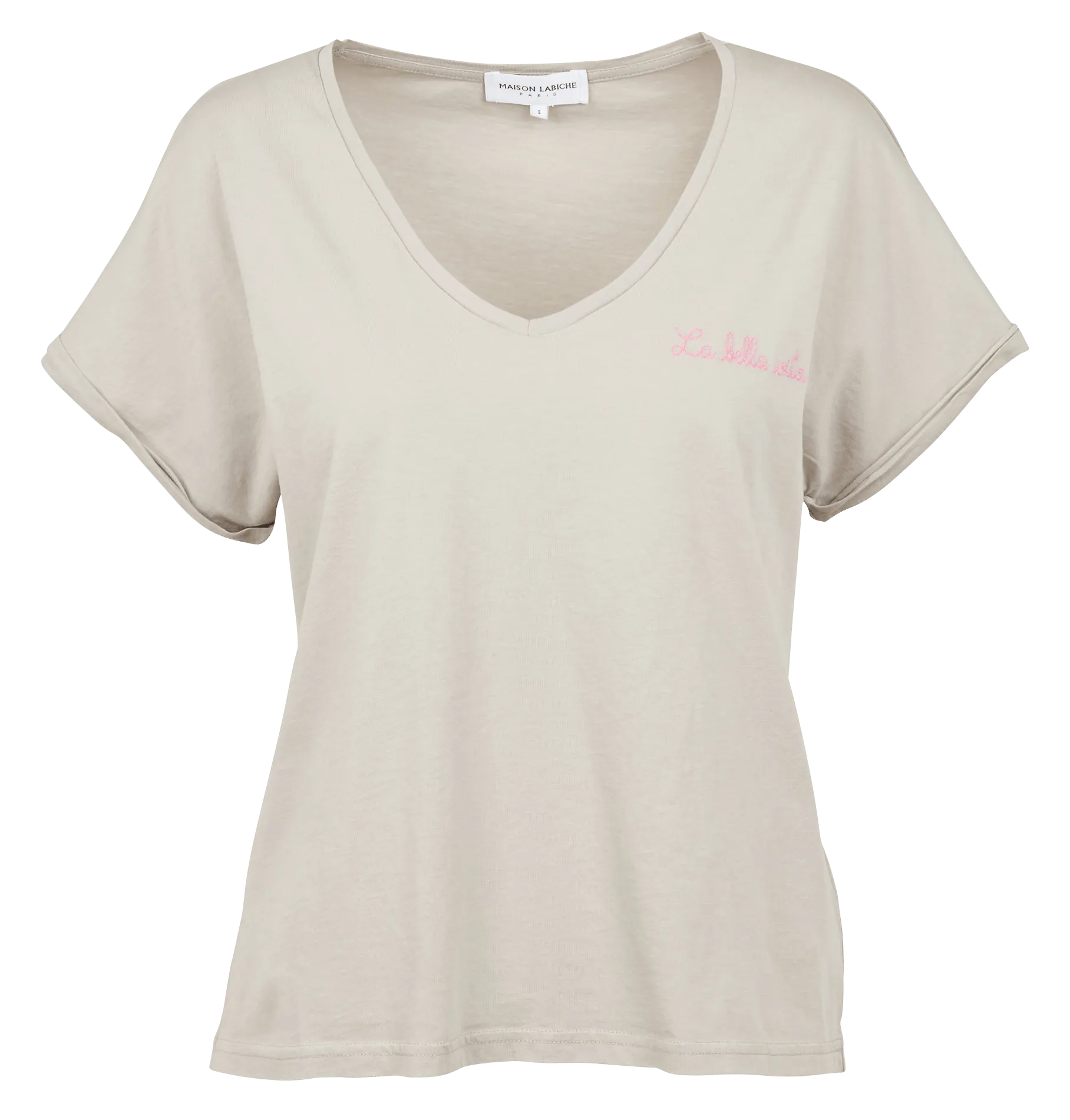  MAISON LABICHE   CHATEAU  LA BELLA VITA - T-shirt scollo a V con ricamo La bella vita in cotone | Grigio