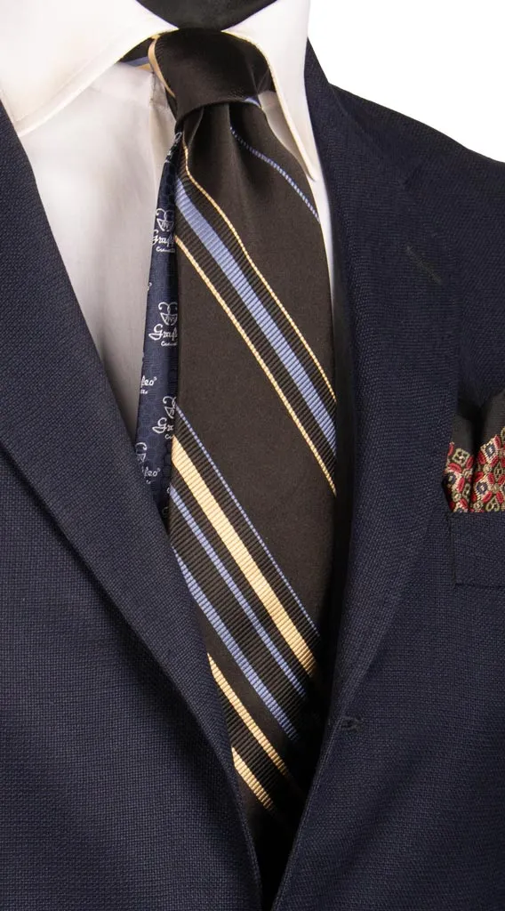 Man Black Regimental Silk Tie Blue Avio Beige 6867