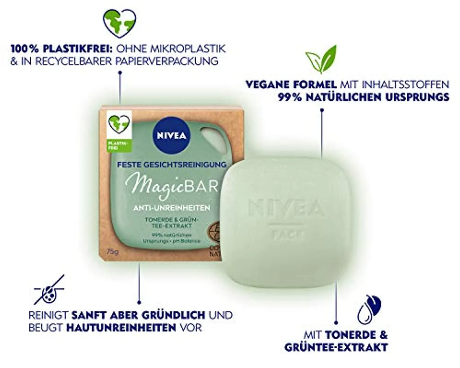 NIVEA MagicBar - Detergente per il viso fisso, anti-impurità (75 g), pulisce e opacizza la pelle, cosmetico naturale certificato