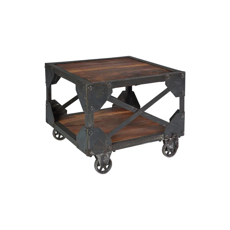 Novità Home Bristol - Tavolino quadrato con ruote legno di recupero e metallo, marrone/grigio scuro