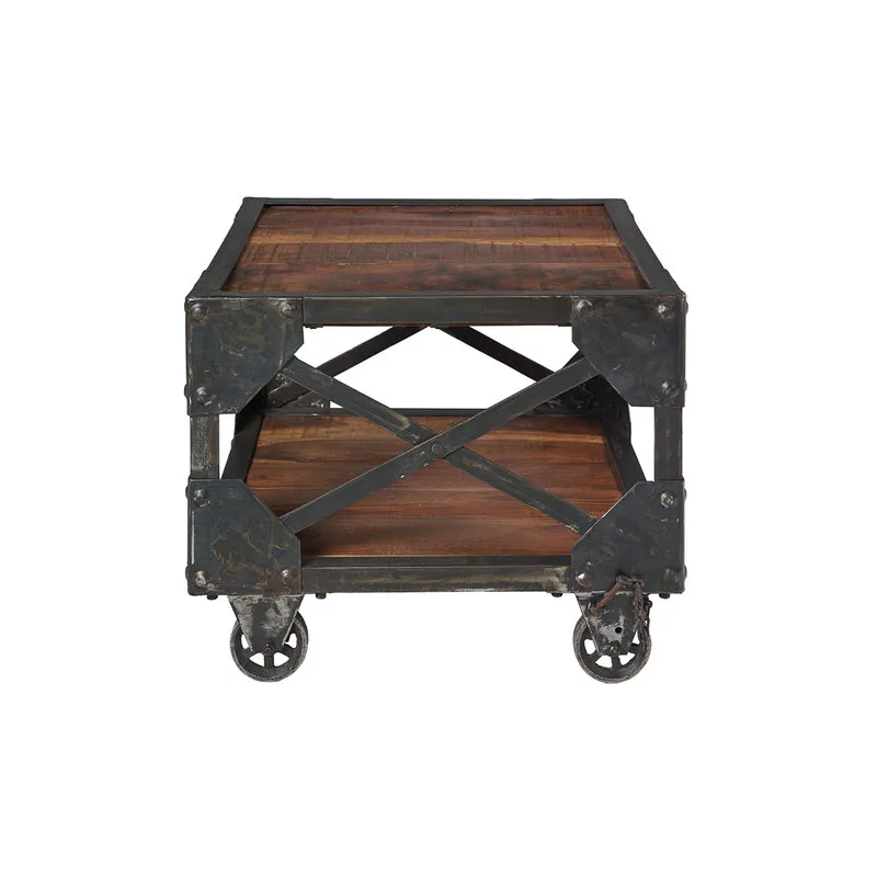 Novità Home Bristol - Tavolino quadrato con ruote legno di recupero e metallo, marrone/grigio scuro