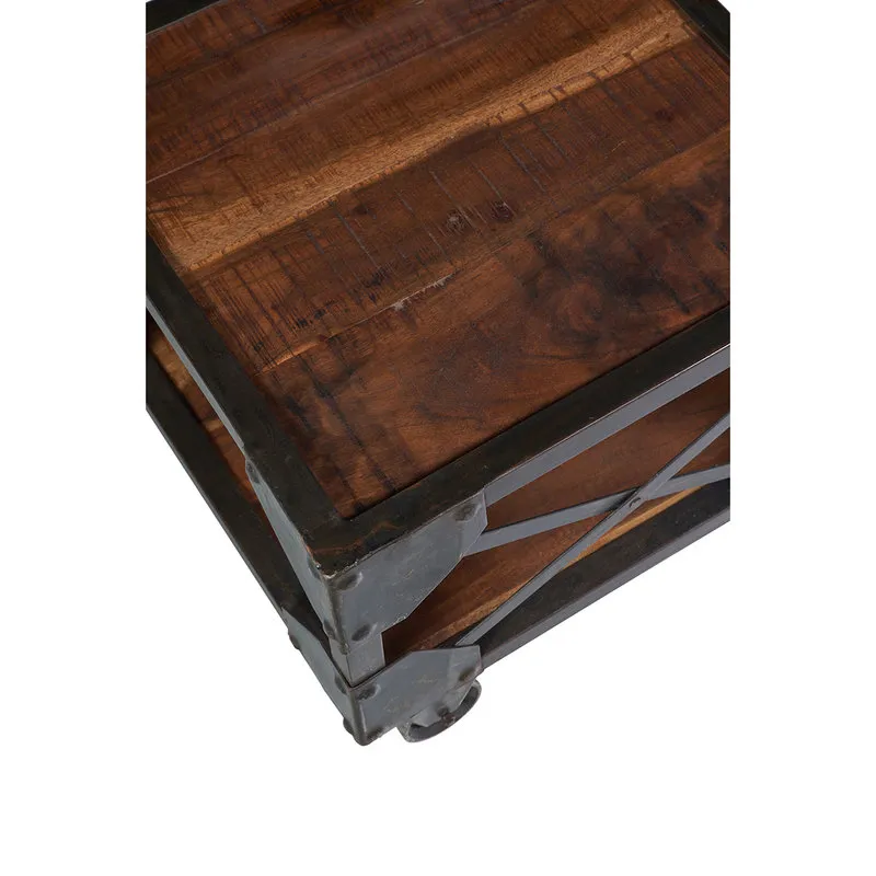 Novità Home Bristol - Tavolino quadrato con ruote legno di recupero e metallo, marrone/grigio scuro