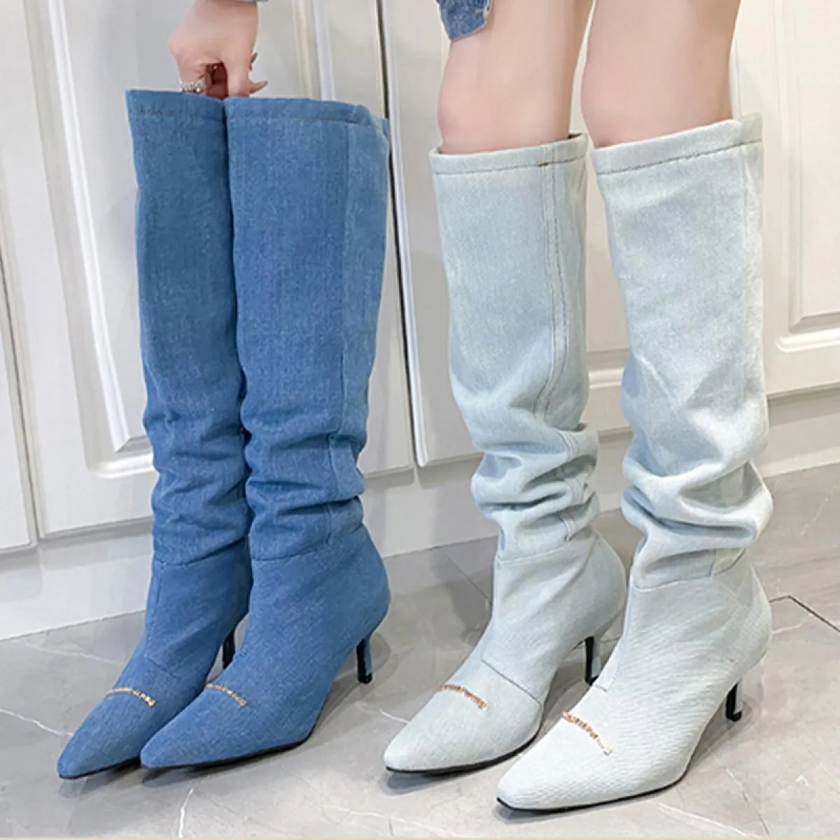 Nuovo 2023 donne stivali alti al ginocchio Chelsea tacchi medi inverno cowboy punta a punta tacchi a spillo scarpe da donna pomp