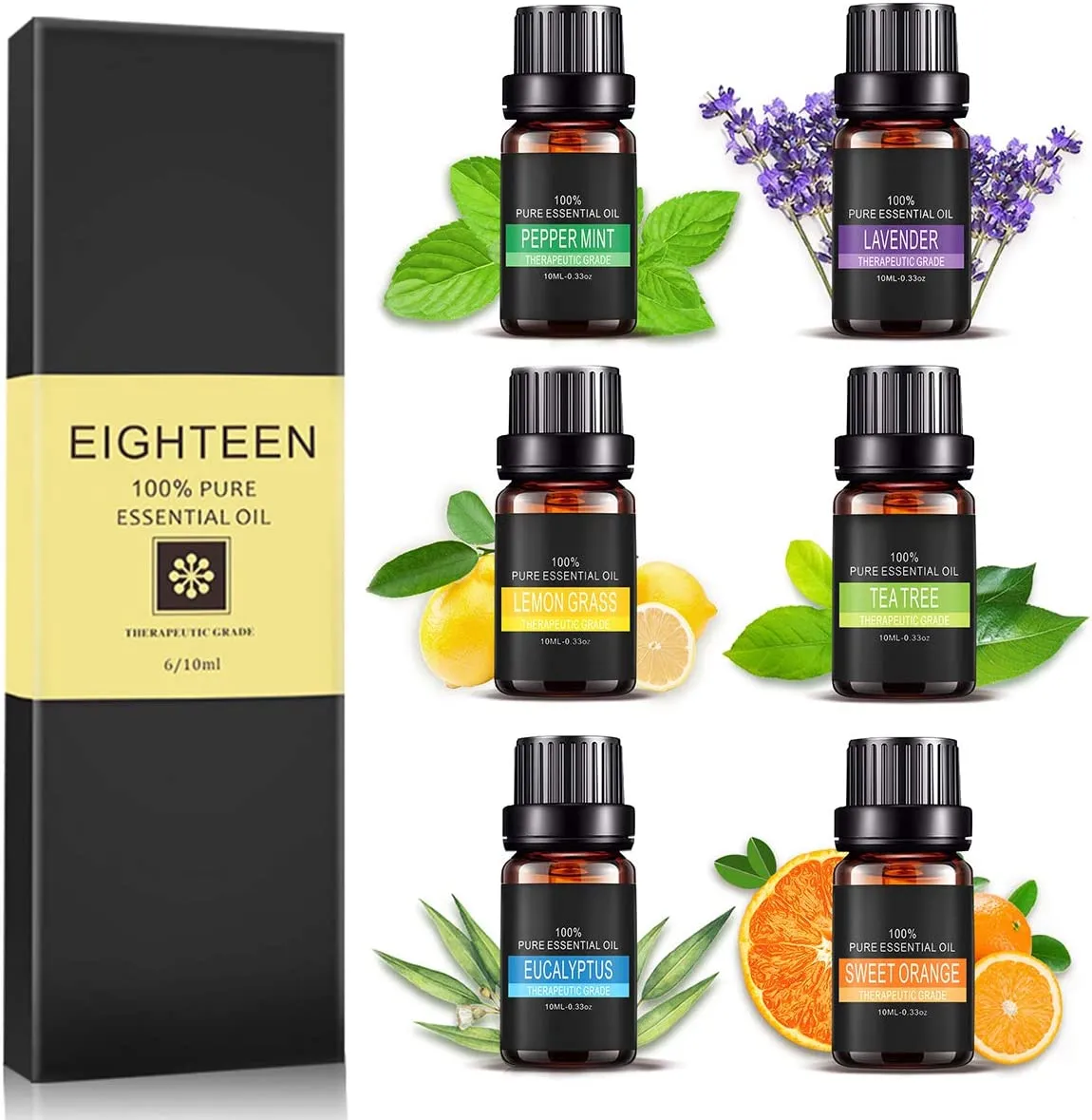 Olio Essenziali Puri, AIDUCHO Top 6 Set di Oli Essenziale Naturali per SPA, Massaggio, Diffusori, 10ML - Lavanda, Eucalipto, Tea