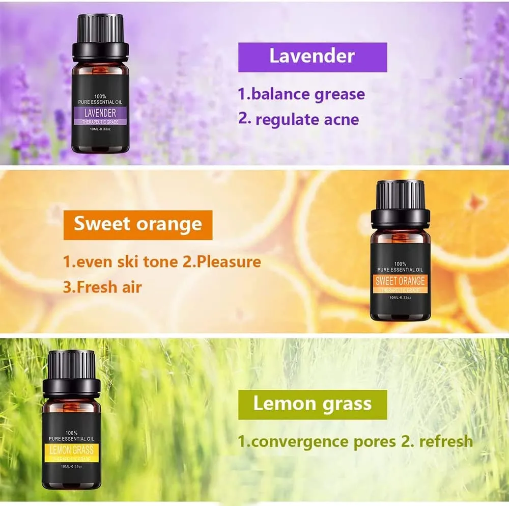 Olio Essenziali Puri, AIDUCHO Top 6 Set di Oli Essenziale Naturali per SPA, Massaggio, Diffusori, 10ML - Lavanda, Eucalipto, Tea