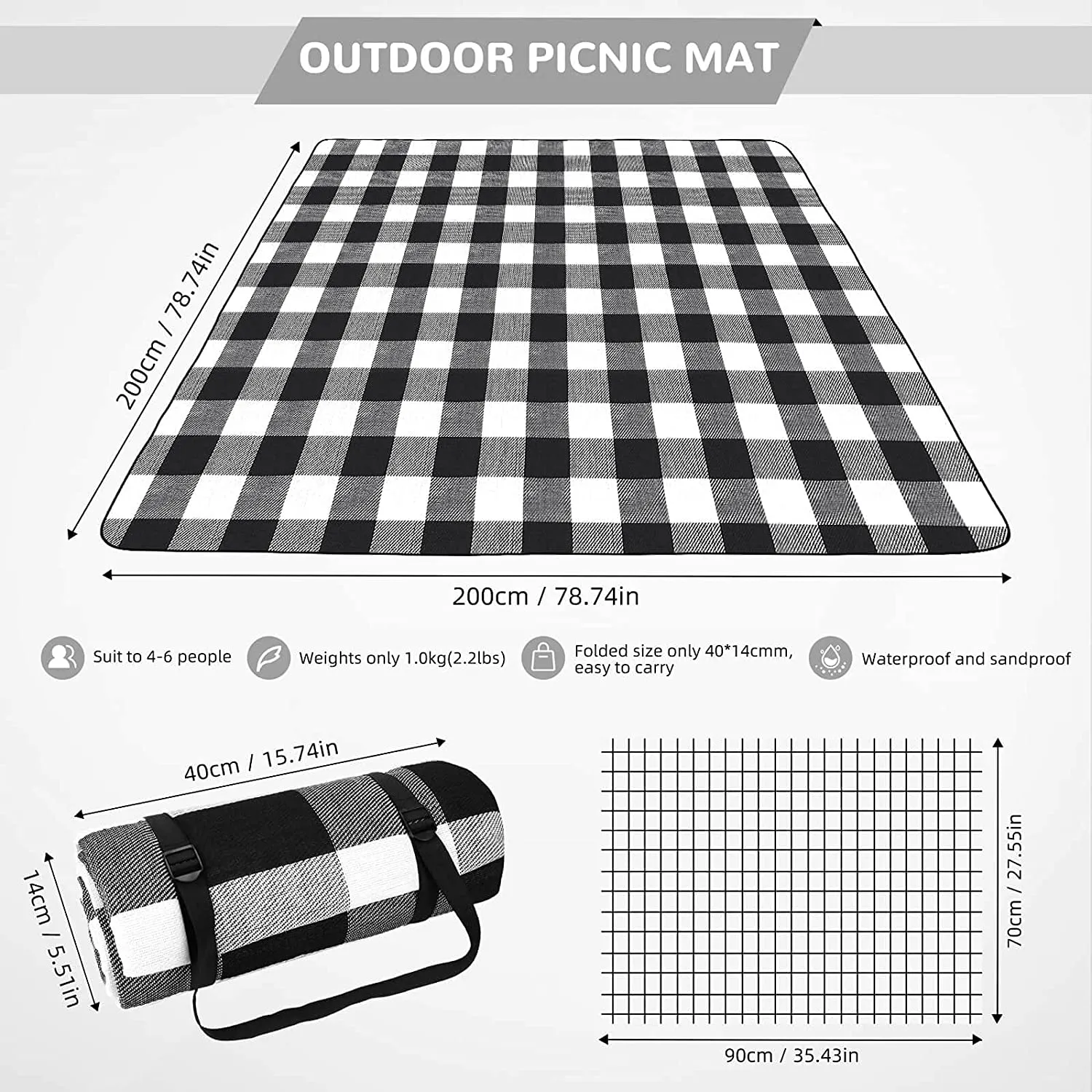 OUTHIKER Coperta Picnic Impermeabile 200 * 200CM Coperta Plaid Pic nic con Tovaglia 90x70CM Telo Pic nic Portatile e Pieghevole 
