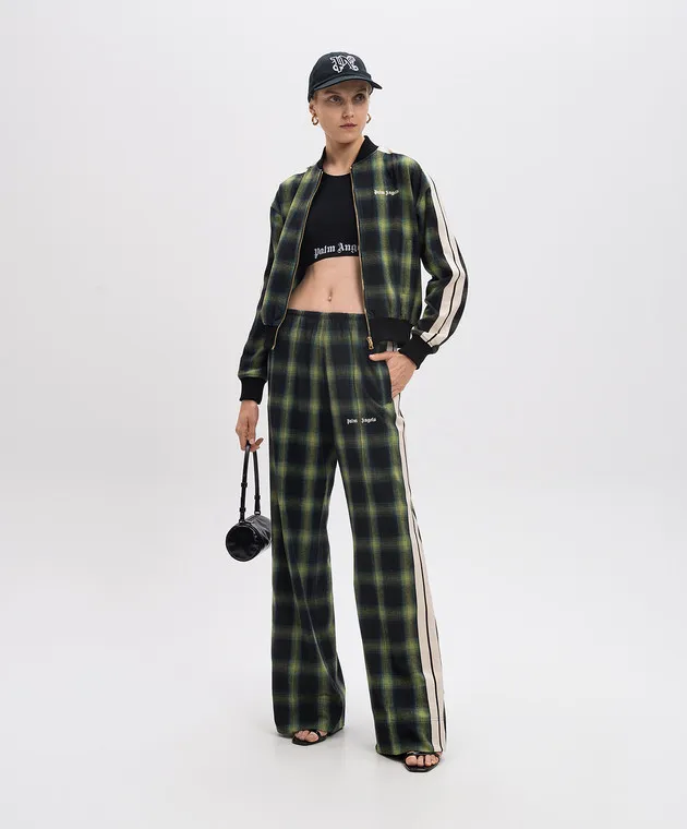 Palm Angels Pantaloni della tuta verdi a quadri con ricamo logo PWCJ010F24FAB003