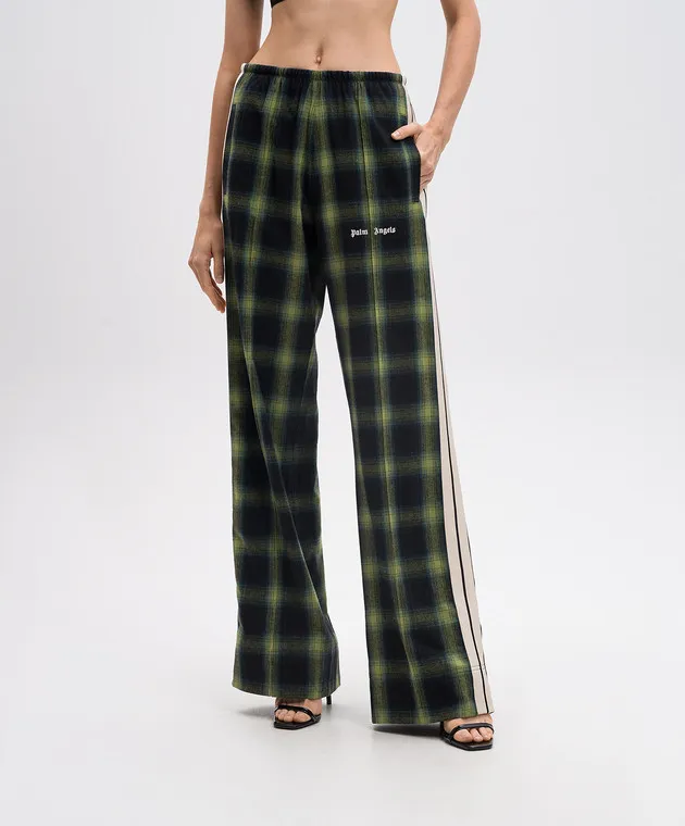Palm Angels Pantaloni della tuta verdi a quadri con ricamo logo PWCJ010F24FAB003
