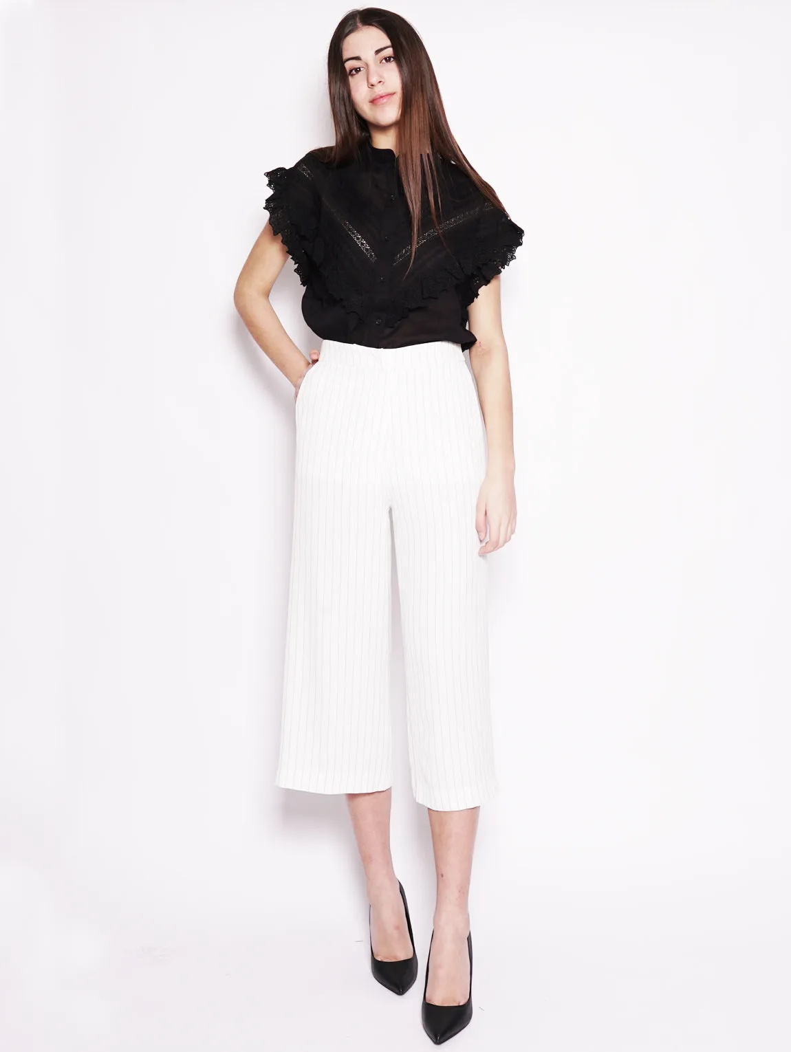 Pantalone gessato cropped Bianco / Nero