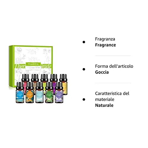 PHATOIL Oli Essenziali Profumo Set 10 x 10 ml Muschio Bianco Cocco Vaniglia Lino Fresco Brezza Marina Viola Orchidea Nera Cipria