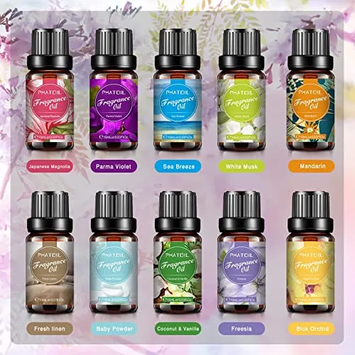 PHATOIL Oli Essenziali Profumo Set 10 x 10 ml Muschio Bianco Cocco Vaniglia Lino Fresco Brezza Marina Viola Orchidea Nera Cipria