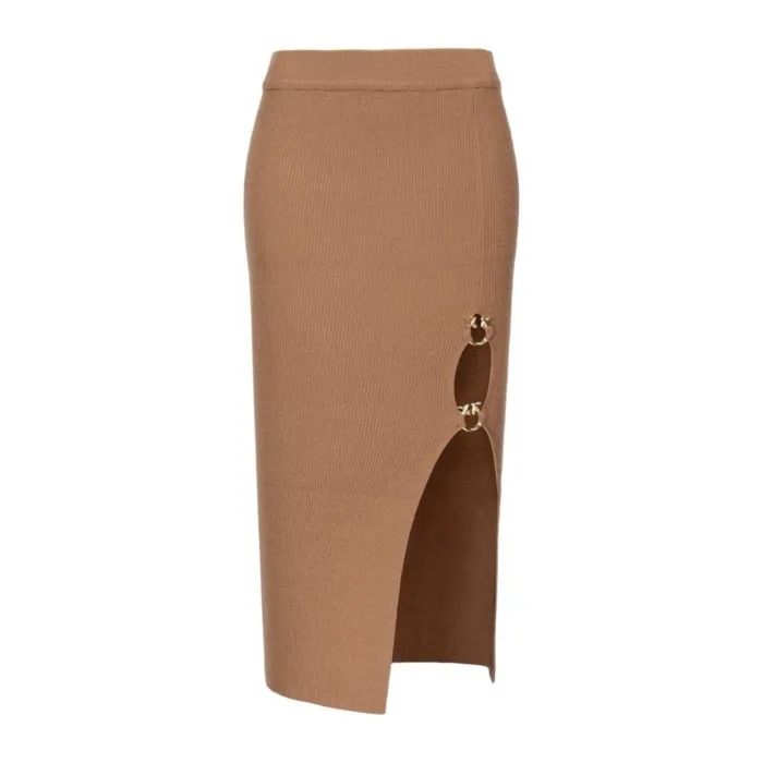 Pinko Gonna Longuette In Lana Conm Fibbia Tabacco