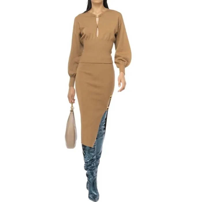 Pinko Gonna Longuette In Lana Conm Fibbia Tabacco