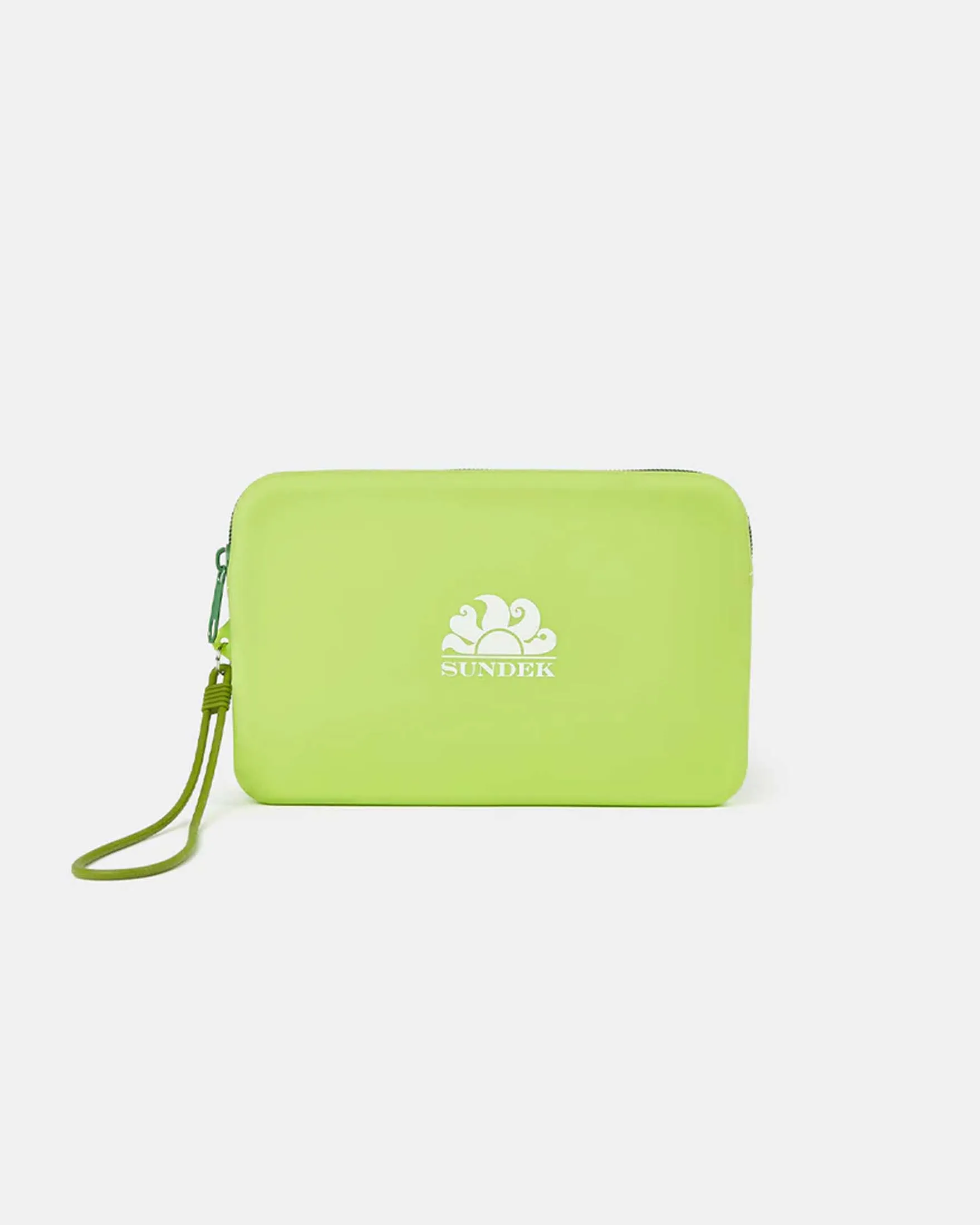 Pochette Wristlet verde acido in materiale gommato con logo e laccetto bianco