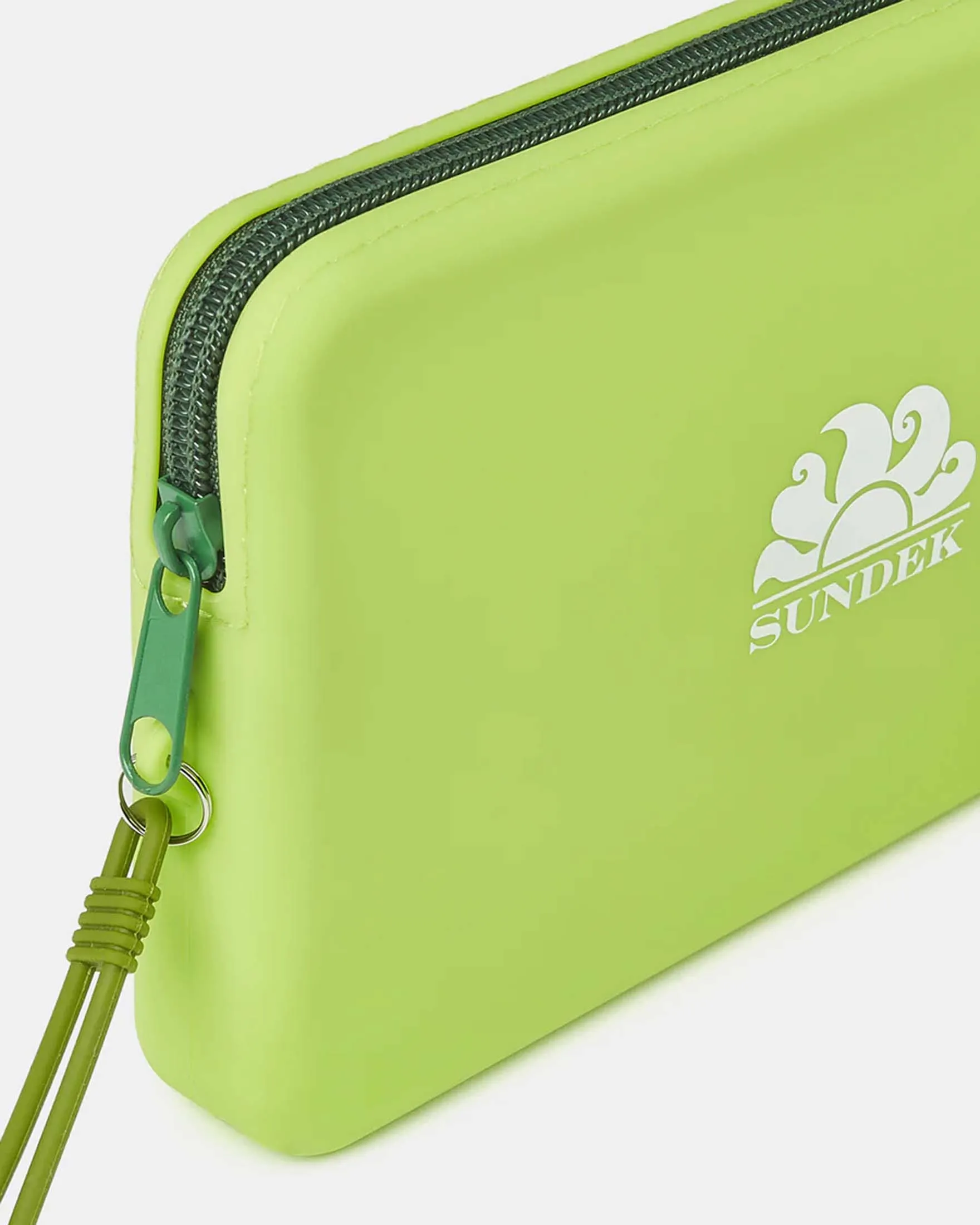 Pochette Wristlet verde acido in materiale gommato con logo e laccetto bianco