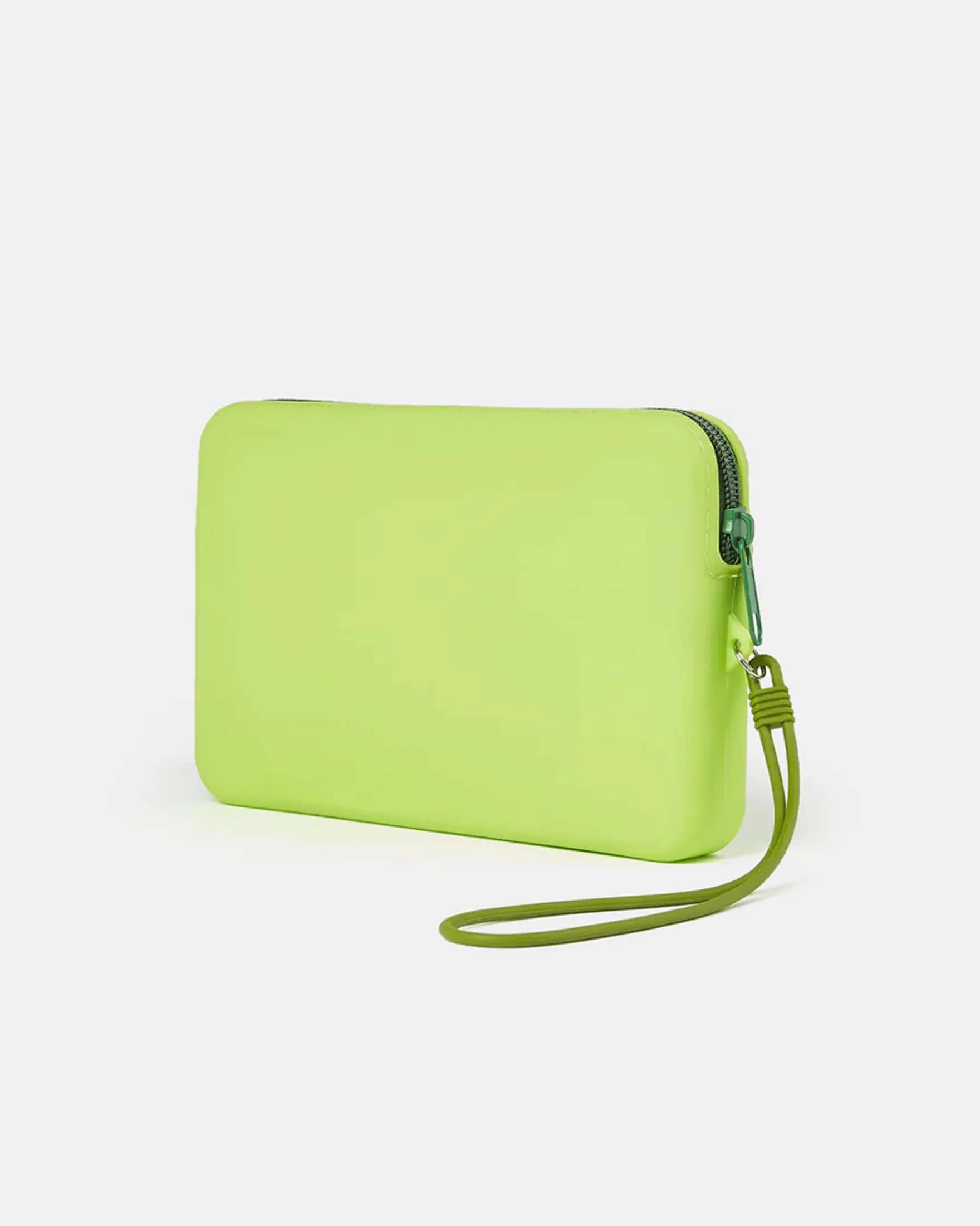 Pochette Wristlet verde acido in materiale gommato con logo e laccetto bianco