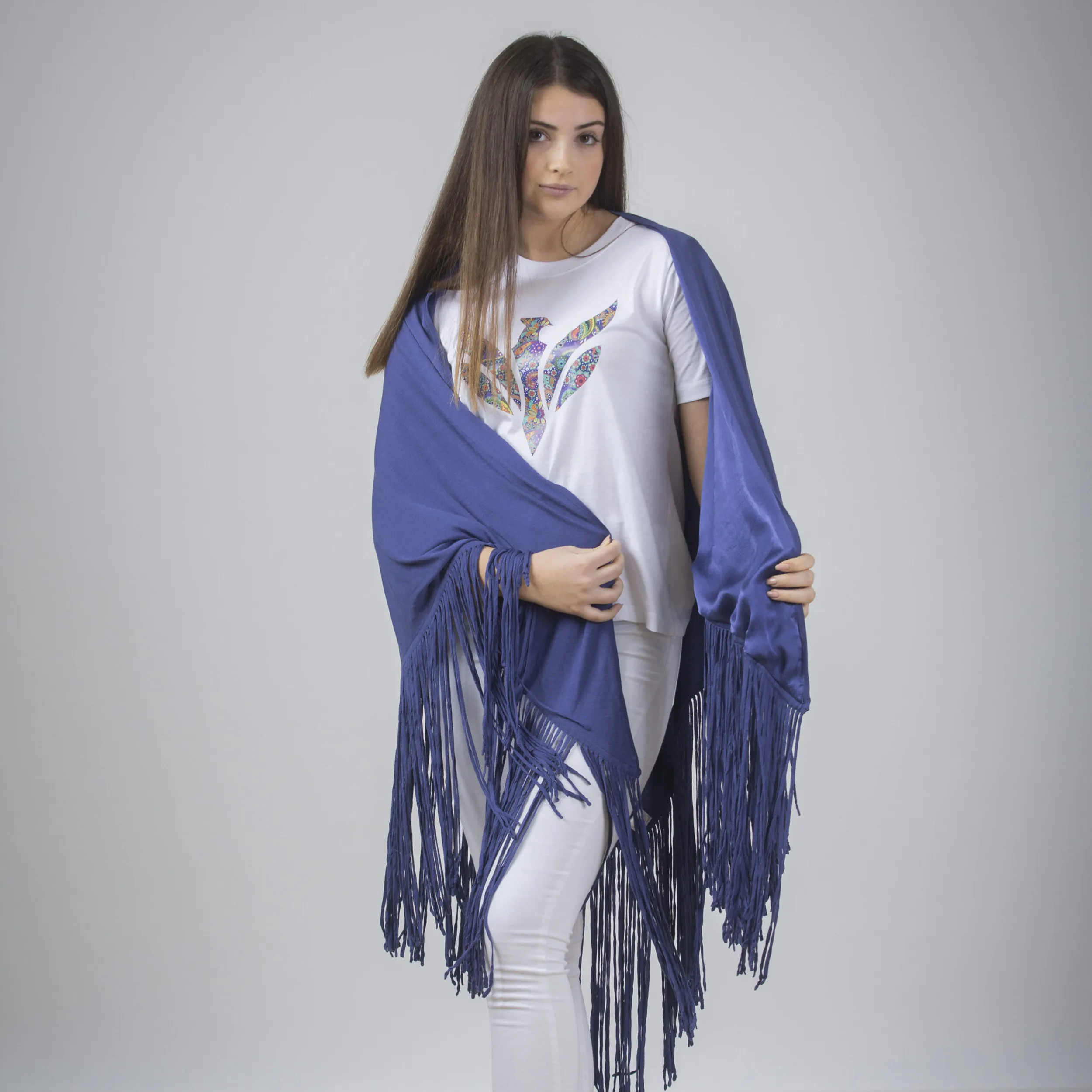 Poncho con frange 100 % seta