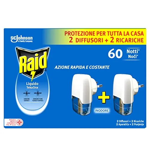 Raid Liquido Elettrico Antizanzare Comuni e Tigre, Inodore, Formato Convenienza, Confezione da 2 Diffusori e 2 Ricariche, 60 Not