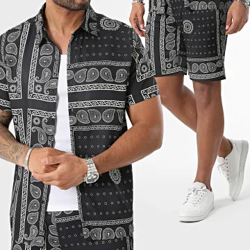 Set camicia nera a maniche corte e pantaloncini da jogging