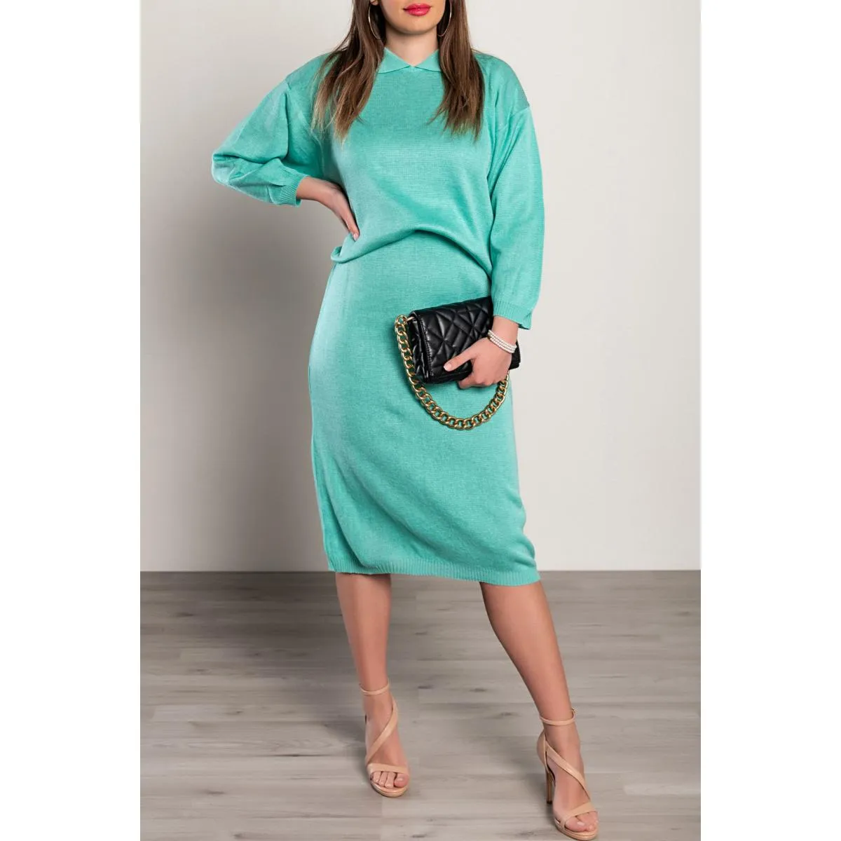 Set composto da gonna e top lungo in maglia, turchese