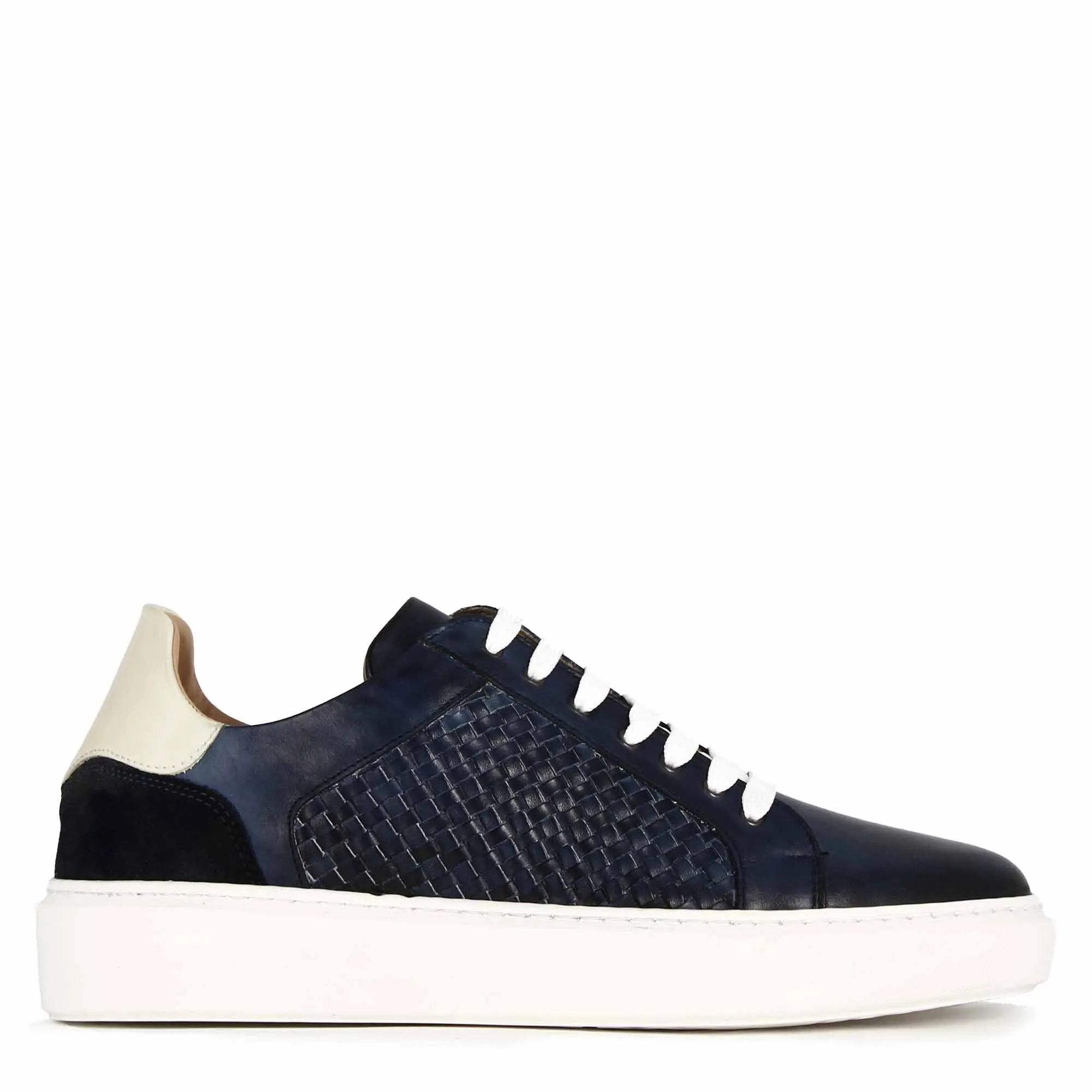 Sneaker casual da uomo in pelle intrecciata colore blu