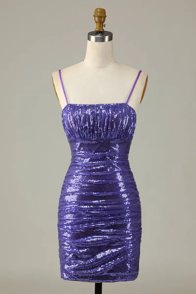 Sparkly viola paillettes spaghetti spalline stretto vestito corto ritorno a casa