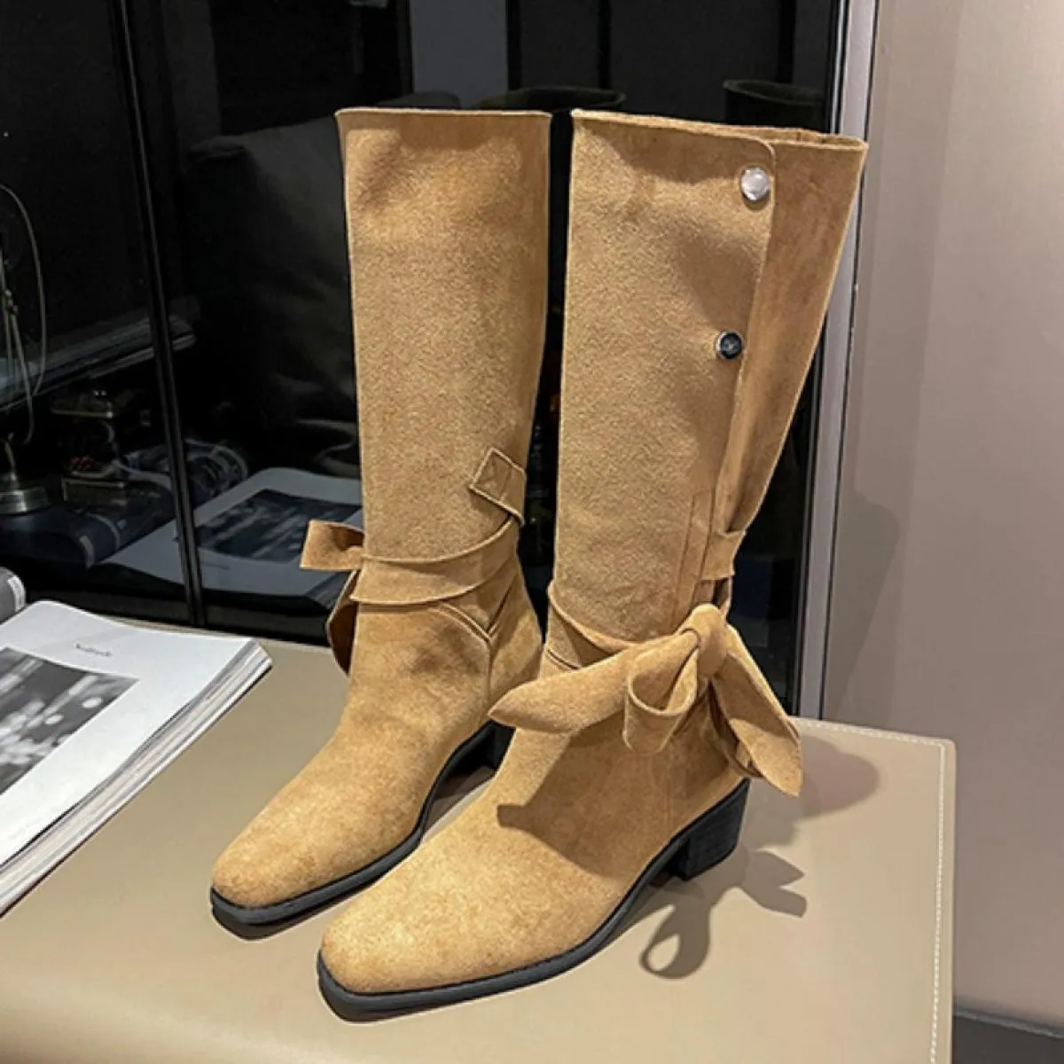 Stivali Chelsea alti al ginocchio in pelle scamosciata Scarpe con tacco medio da donna Bow Winter Fad Chunky Casual Pumps 2023 N