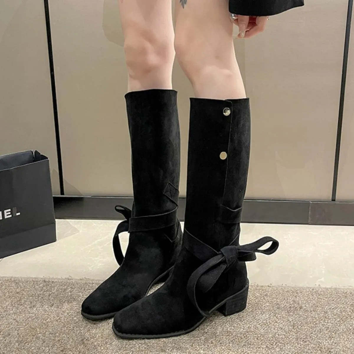 Stivali Chelsea alti al ginocchio in pelle scamosciata Scarpe con tacco medio da donna Bow Winter Fad Chunky Casual Pumps 2023 N
