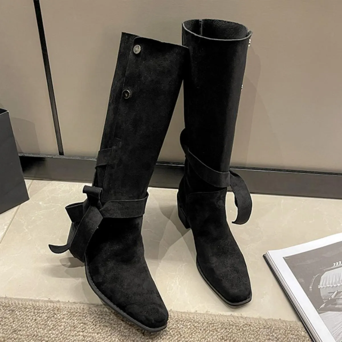 Stivali Chelsea alti al ginocchio in pelle scamosciata Scarpe con tacco medio da donna Bow Winter Fad Chunky Casual Pumps 2023 N