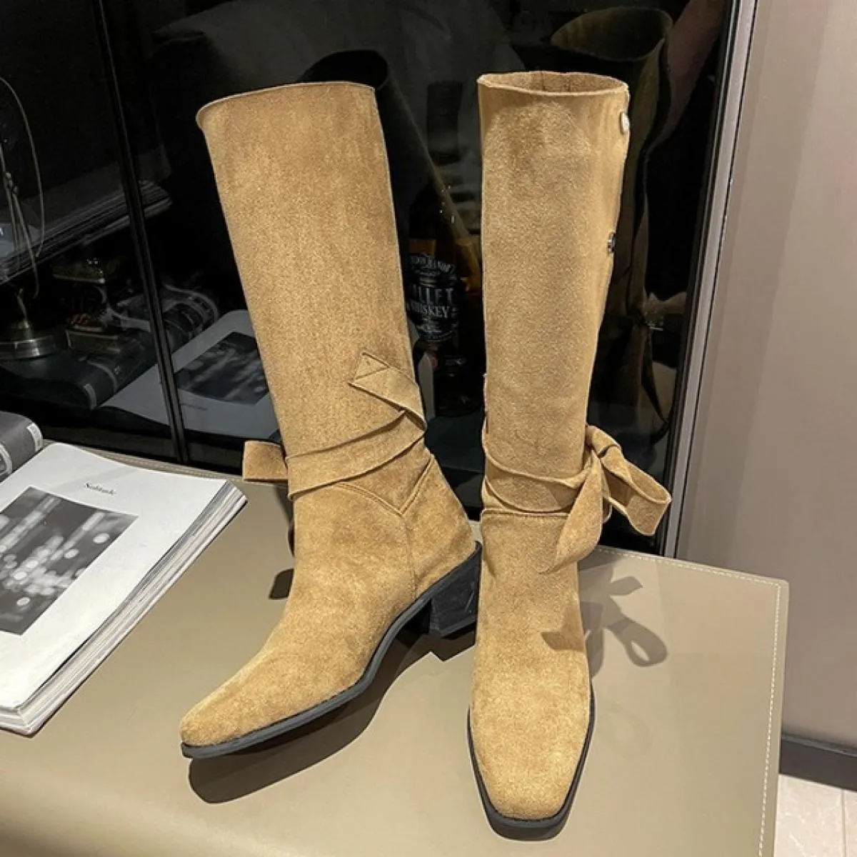 Stivali Chelsea alti al ginocchio in pelle scamosciata Scarpe con tacco medio da donna Bow Winter Fad Chunky Casual Pumps 2023 N