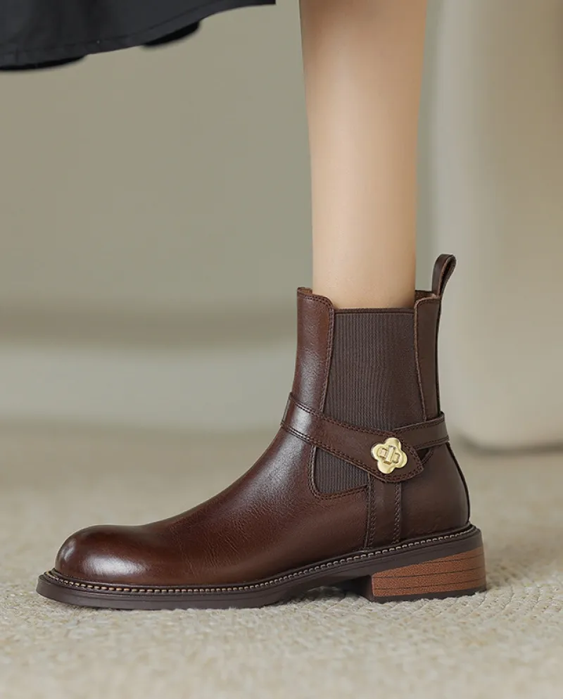 Stivali Chelsea con tacco spesso retrò in pelle piena punta tonda per donna dentro e fuori, cintura casual con fibbia a fiore ta