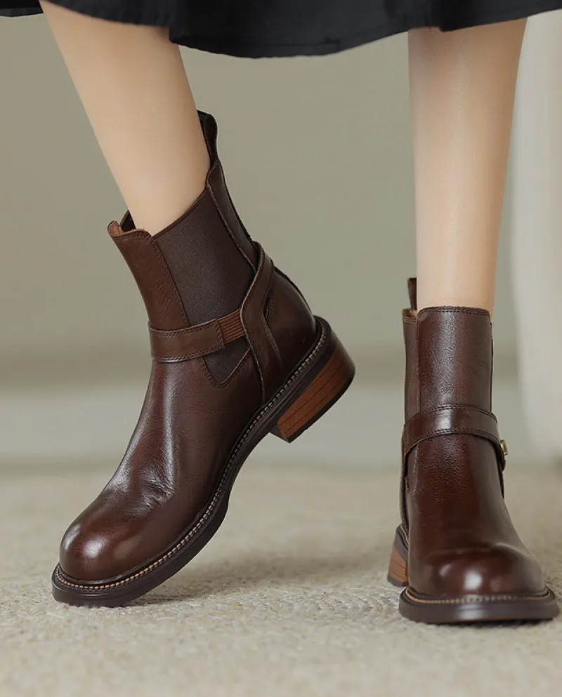 Stivali Chelsea con tacco spesso retrò in pelle piena punta tonda per donna dentro e fuori, cintura casual con fibbia a fiore ta