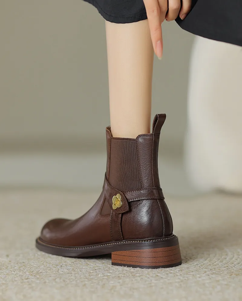 Stivali Chelsea con tacco spesso retrò in pelle piena punta tonda per donna dentro e fuori, cintura casual con fibbia a fiore ta