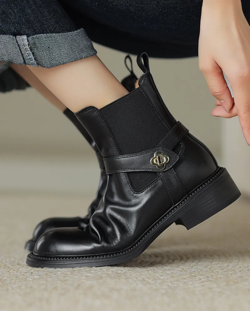 Stivali Chelsea con tacco spesso retrò in pelle piena punta tonda per donna dentro e fuori, cintura casual con fibbia a fiore ta