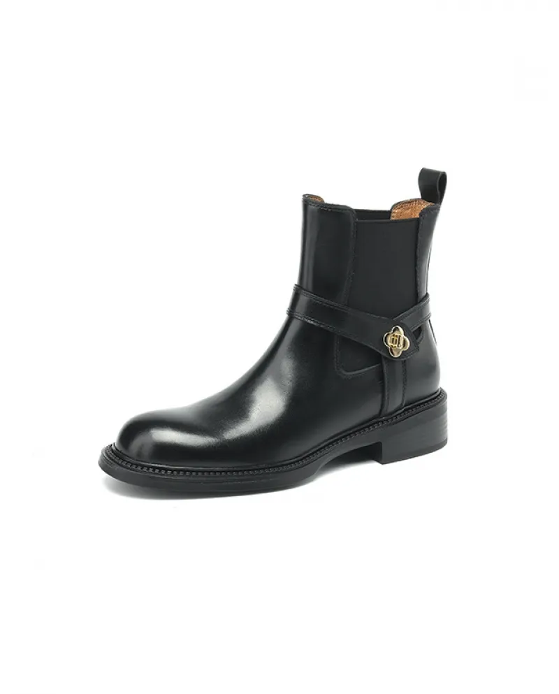 Stivali Chelsea con tacco spesso retrò in pelle piena punta tonda per donna dentro e fuori, cintura casual con fibbia a fiore ta