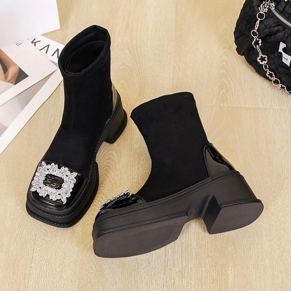 Stivali Chelsea da donna alla moda in cristallo con caviglia Stivali da neve con tacco medio e punta tonda 2023 Abito invernale