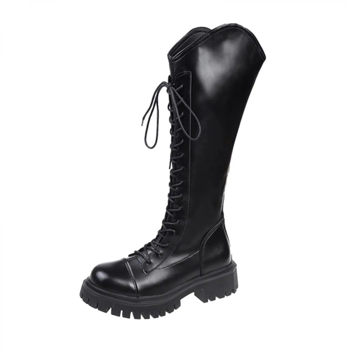 Stivali da moto da donna Lace Up Winter Knee High Mid Heels Scarpe Chelsea Boots Goth 2023 Nuovo marchio di lusso Gladiatore Bot